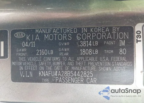 2011 Kia Forte Ex z USA, uszkodzony, nr VIN KNAFU4A28B5442825